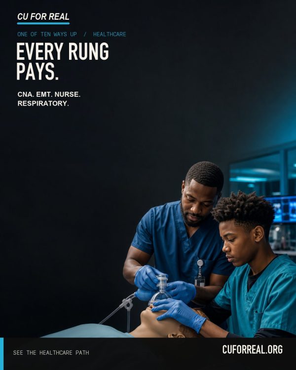 Every rung pays. CNA. EMT. Nurse. Respiratory. Two students in scrubs practicing airway care on a training mannequin.