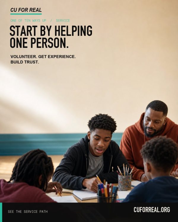 Start by helping one person. Volunteer. Get experience. Build trust. A teen tutoring younger kids at a table while a mentor looks on.