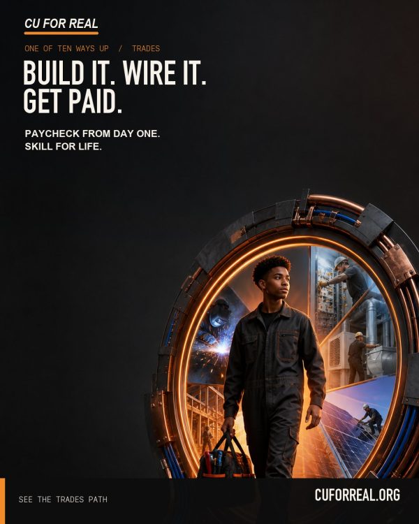 Build it. Wire it. Get paid. Paycheck from day one. Skill for life. A young tradesman with a tool bag walking out of a copper ring of welding, HVAC, and solar work.