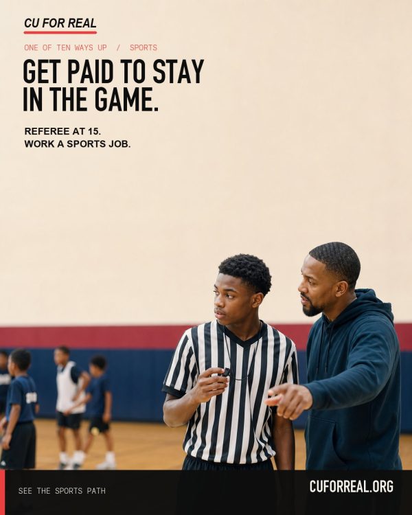 Get paid to stay in the game. Referee at 15. Work a sports job. A teenage referee in stripes holding a stopwatch, getting pointers from a mentor courtside.