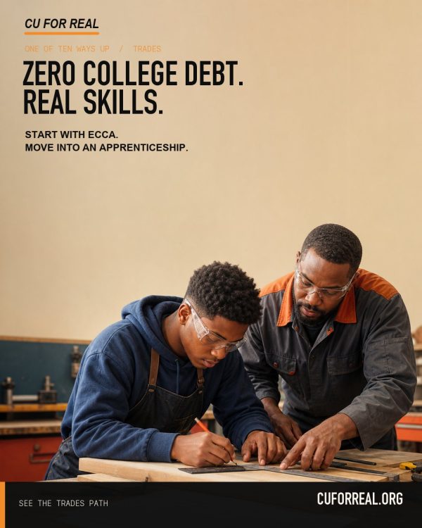 Zero college debt. Real skills. Start with ECCA. Move into an apprenticeship. A student marking a cut line on lumber while a mentor guides his measurement.