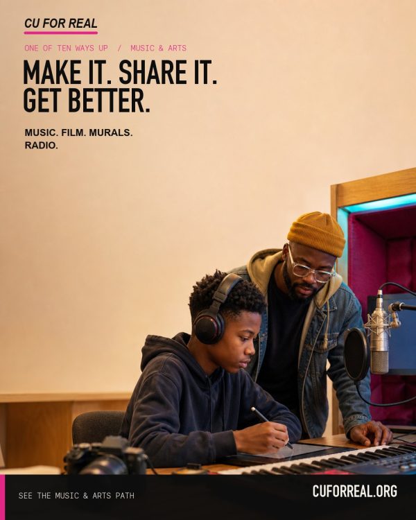 Make it. Share it. Get better. Music. Film. Murals. Radio. A teen in headphones sketching at a desk in a recording booth with a mentor over his shoulder.