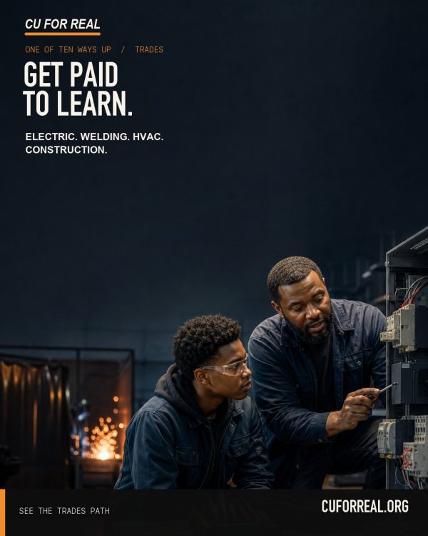 Get paid to learn. Electric. Welding. HVAC. Construction. A young man and a mentor wiring an electrical panel in a workshop, sparks glowing behind them.