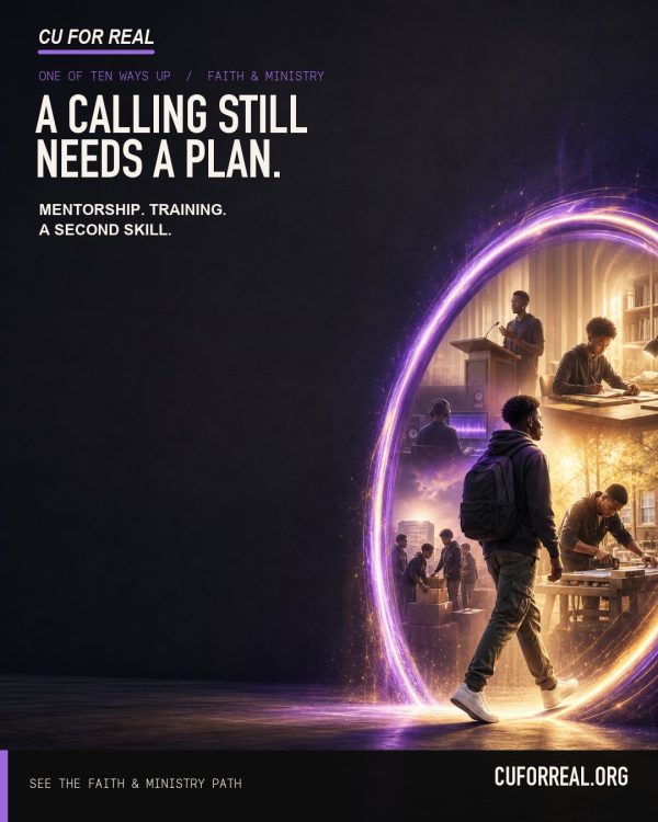 A calling still needs a plan. Mentorship. Training. A second skill. A young man walking into a glowing ring of scenes: a pulpit, a study desk, service work, a sound booth.