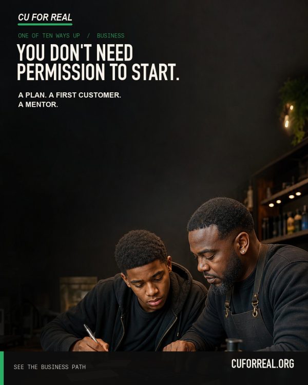 You don't need permission to start. A plan. A first customer. A mentor. A teen working out plans on paper with a shop owner at his counter.