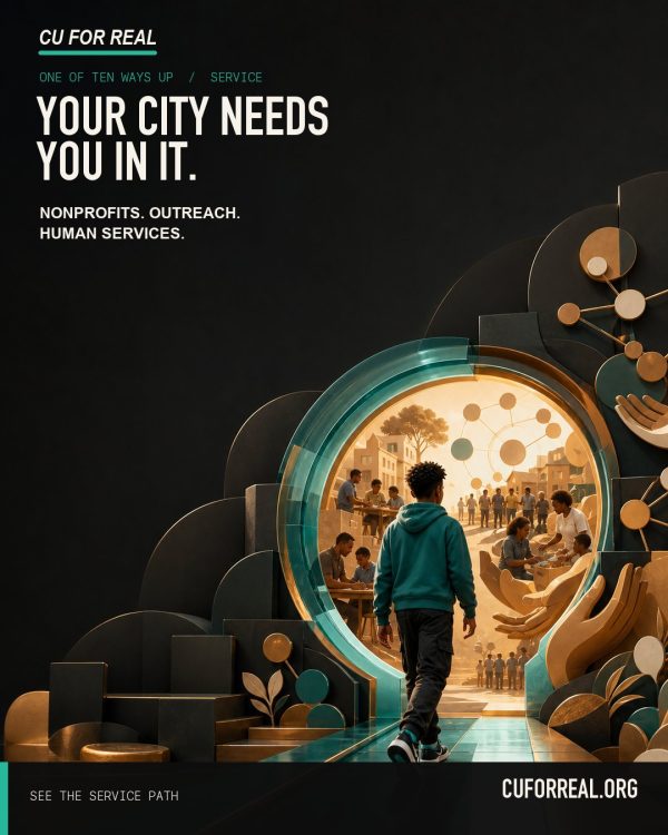 Your city needs you in it. Nonprofits. Outreach. Human services. A young man walking into a glowing circular doorway filled with scenes of neighbors helping neighbors.