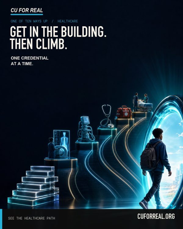 Get in the building. Then climb. One credential at a time. A student with a backpack climbing glowing steps of medical equipment toward a bright doorway.