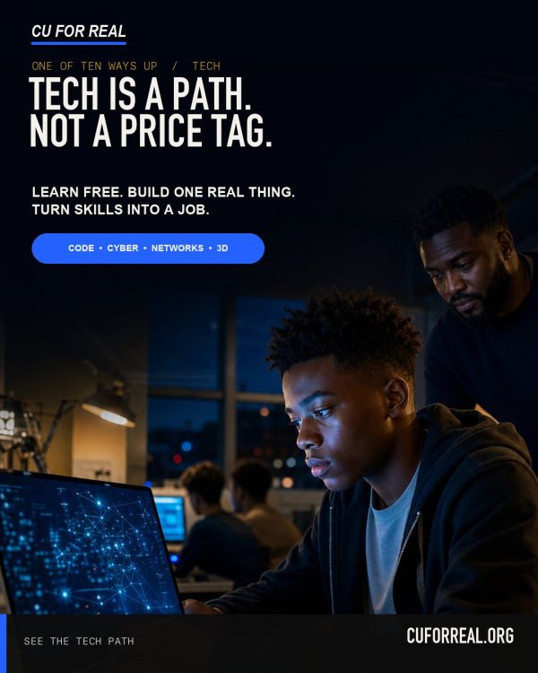 Tech is a path. Not a price tag. Learn free. Build one real thing. Turn skills into a job. Code, cyber, networks, 3D. A teen deep in a laptop while a mentor watches the screen.