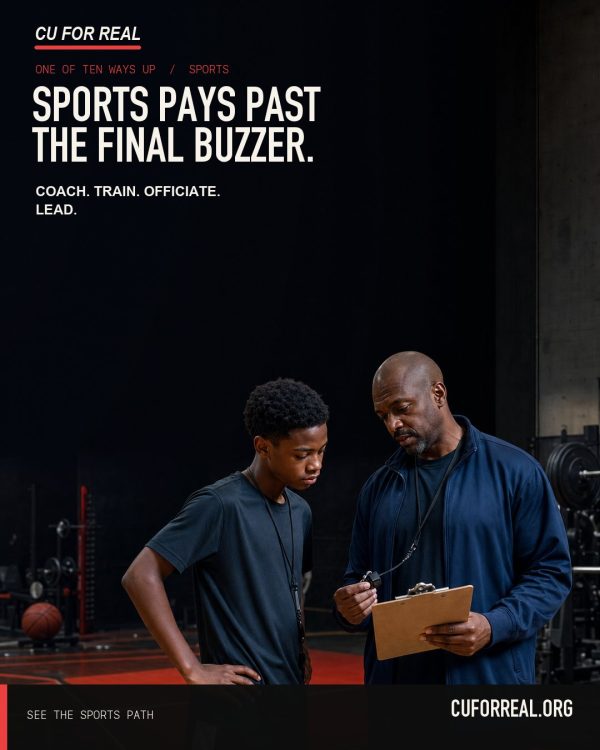 Sports pays past the final buzzer. Coach. Train. Officiate. Lead. A coach with a whistle and clipboard walking a young athlete through the plan in a gym.